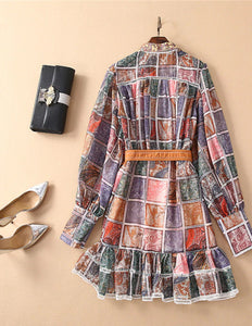 Women's Multi Colored Block Print Design Ruffle Trim Mini Dresses - Ailime Designs