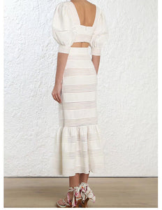 Women's 2PC Crop Top & Ruffle Bottom Skirt w/ Stripe Design Panels & Puff Sleeves