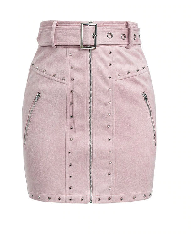 Women's Casual Zipper Front Design Mini Skirts w/ Rivet Trimming - Ailime Designs