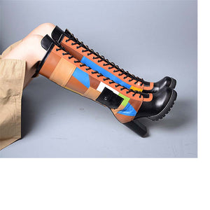 Women's Block Print Design Genuine Leather Skin Knee-High Boots