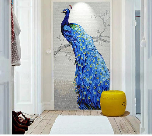 Long Tail Blue Peacock Mosaic Tile Art Design