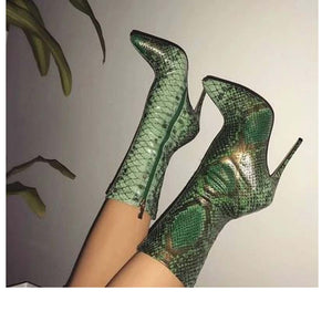 Women's Patent Leather Snake Print Design Ankle Boots
