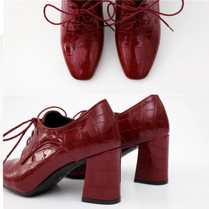 Women's String Tie Crocodile Print Design Patent Leather Pump Heels - Ailime Designs