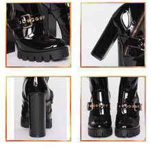 Load image into Gallery viewer, Women&#39;s Black Buckle Design Patent Leather Ankle Boots - Ailime Designs