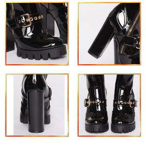 Women's Black Buckle Design Patent Leather Ankle Boots - Ailime Designs