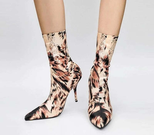 Women's Stretch Pointed Toe Cheetah Print Design Ankle Boots
