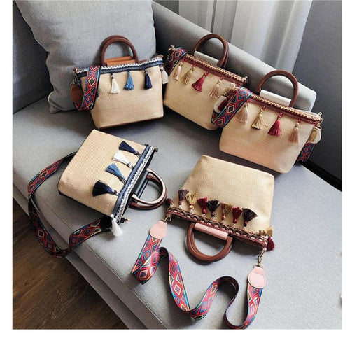 Women's Stylish Summer Tassel Design Straw Handbags