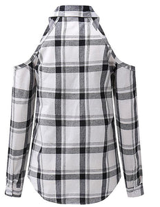 Plaid Hollow-out Shoulders Women's Long Sleeves Shirts w/ Buttons - Ailime Designs