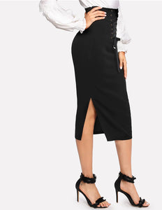 Women's Stylish Knee Length Black Pencil Skirt w/ Side Split & Lace Tie Panel - Ailime Designs