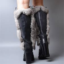 Women's Fur Trim Design Knee-High Leather Skin Boots