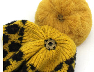 Children's Stylish Fur Lined Leopard Knit Pom Pom Beanie Caps – Sun Protectors - Ailime Designs