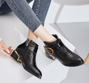 Women's Embossed PU Leather Ankle Boots