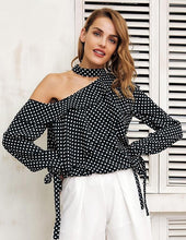 Load image into Gallery viewer, Hollow-Cut Shoulder Women&#39;s Polka Dot Long Sleeve Ruffle Blouse w/ String Ties - Ailime Designs