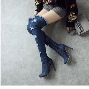 Women's Frayed Denim Style Knee-High Boots