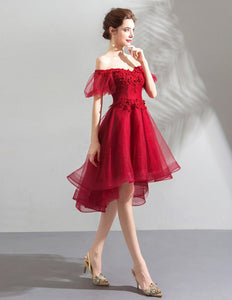 Women's Burgundy  Bandeau Shoulders Organza Evening Flare Dress w/ Beautiful Applique Design - Ailime Designs