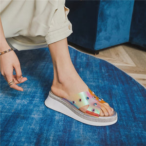 Women's Transparent Colored Crystal Design Slip-on Sandals