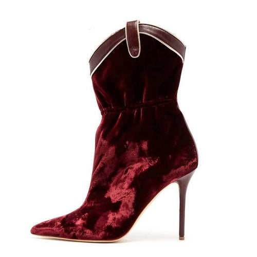 Women' Pointed Toe Velveteen Cowboy Style Ankle Boots