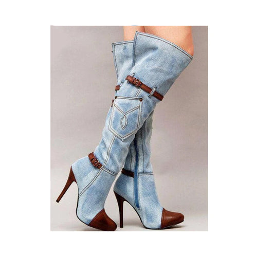 Women's Denim & Leather Buckle Design Knee-High Boots