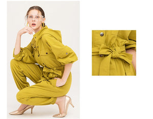 Women's Yellow Hood Design Long Sleeve Jumpsuits
