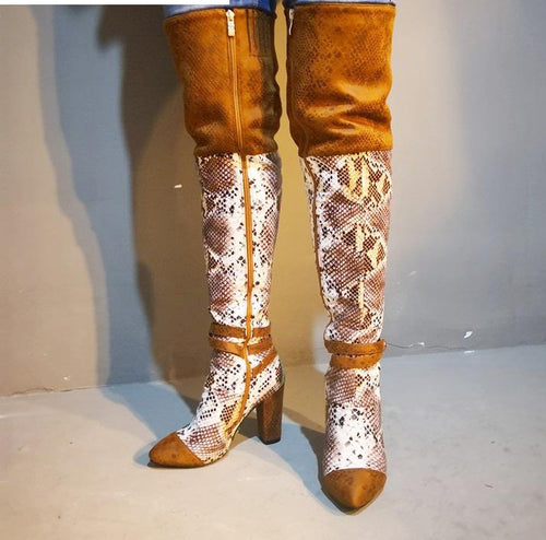 Women's Chic Style Thigh High Snake Print Design Boots