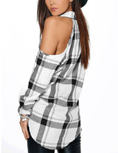 Load image into Gallery viewer, Plaid Hollow-out Shoulders Women&#39;s Long Sleeves Shirts w/ Buttons - Ailime Designs