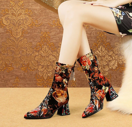 Women's Chic Style Floral Print Design Ankle Boots
