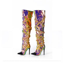 Load image into Gallery viewer, Women&#39;s Cross-Wrap Trim Design Metallic PU Leather Thigh High Boots