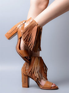 Women's Stylish Ankle Fringe Design Platforms Heels