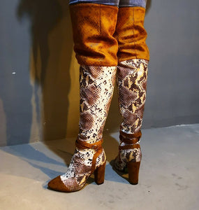 Women's Chic Style Thigh High Snake Print Design Boots