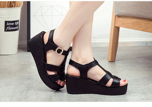 Women's Genuine Leather Platform Strap Design Wedge Shoes - Ailime Designs