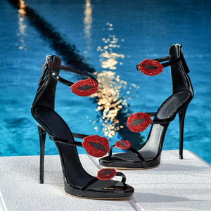 Women's Red Lip Motif Design Strappy High Heels - Ailime Designs