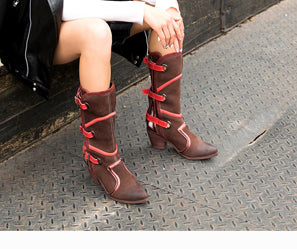 Women's Cowboy Strap Design Genuine Leather Riding Boots