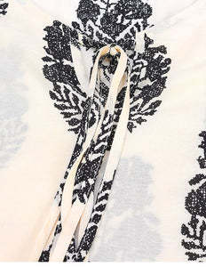 Women's Flounce Sleeves Leaf Motif Printed Tops w/ String Tie - Ailime Designs