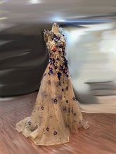 Load image into Gallery viewer, Champagne Beaded Sheer Floral Design Evening Gown - Ailime Designs
