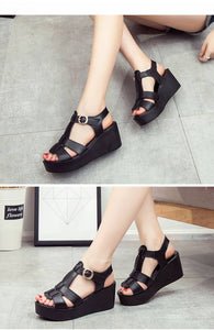 Women's Genuine Leather Platform Strap Design Wedge Shoes - Ailime Designs