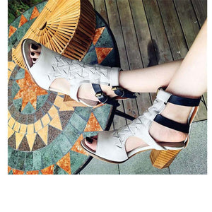 Women's Double Strap Genuine Leather Skin High Heel Shoes
