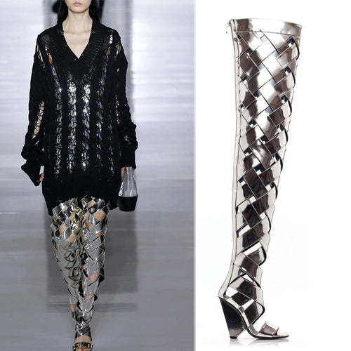 Women's Overlap Weave Design Thigh High Metalic Boots
