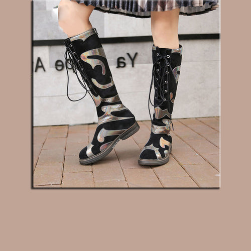Women's Metallic Scroll Design Genuine Leather Skin Knee High Boots