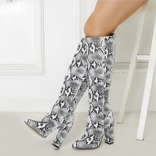 Women's Snake Print Design Knee-High Boots