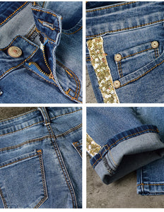 Women Straight-leg Denim Jeans w/ Gold Trim Side Panels - Ailime Designs