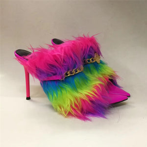 Women's Rainbow Fur Design Mules