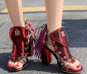 Women's Metallic Leather Roman Style Lace Sandals