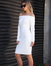 Load image into Gallery viewer, Slash Neck Off-The-Shoulders Women&#39;s Rib Knitted White Sweater Dress - Ailime Designs