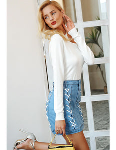 Classic Style Women's Lace Tie Front Panel Denim Mini Skirts - Ailime Designs