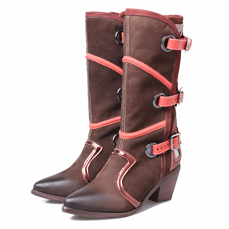 Women's Cowboy Strap Design Genuine Leather Riding Boots