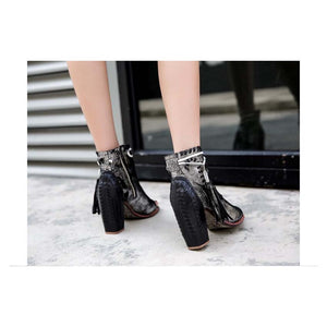 Women's Genuine Leather Peep Toe Tassel Design Shoe Boots w/ Basket Weave Heels