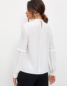 Sophisticated White Classic Lace & Pinch Pleated Blouse w/ Long Decorative Sleeves - Ailime Designs