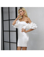 Load image into Gallery viewer, White Satin Women&#39;s Puff Sleeve Bandeau Design Dress - Ailime Designs