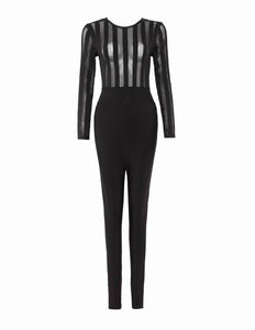 Sexy Sheer Stripe Panel Bodice Design Long Sleeve Jumpsuits