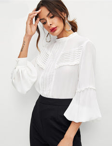 Sophisticated White Classic Lace & Pinch Pleated Blouse w/ Long Decorative Sleeves - Ailime Designs